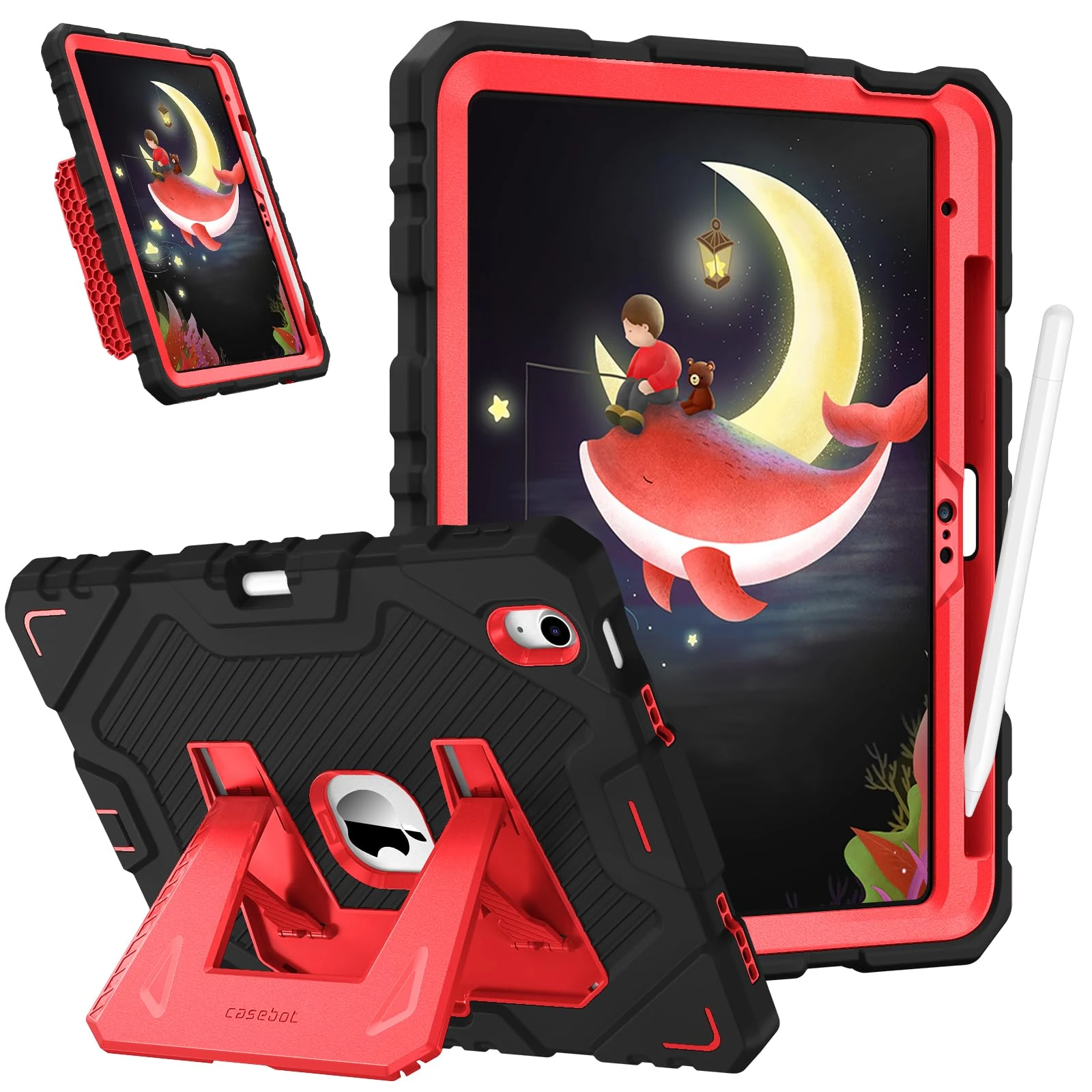 FINTIE Kids Case for iPad (A16) 11th Generation 11 Inch (2025), iPad 10th Generation 10.9 Inch (2022), Fully-Body Rugged Heavy Duty Shockproof Kiddie Case Built-in Stand for Boys & Girls, Black-Red