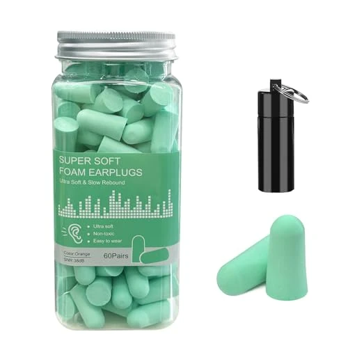 Soft Foam Ear Plugs with Aluminum Carry Case, 60 Pairs - 38db Noise Reduction Sponge Earplugs Noise Cancelling Ear Plugs for Sleeping, Travel, Concerts, Studying, Work, Loud Noise (Green)