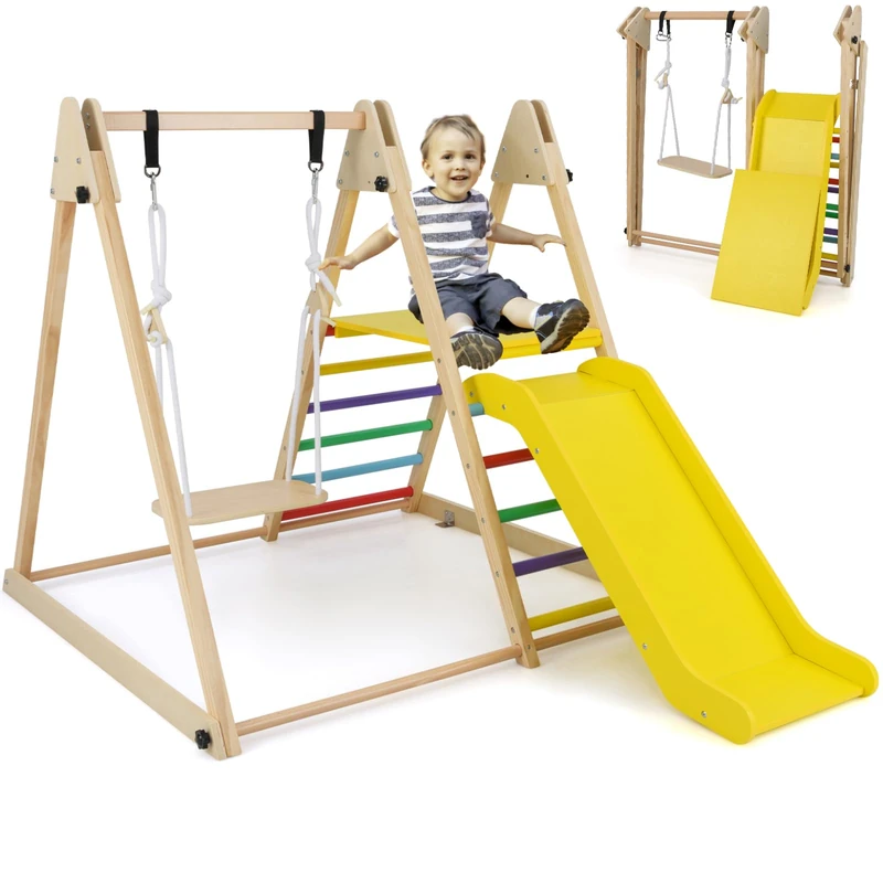 GYMAX 3 in 1 Kids Climbing Set, Wooden Toddler Swing Climber Set with ASlide & Adjustable Rope, Indoor Playground Children Climbing Frame for 3 Years Old + Boys Girls (Colorful)
