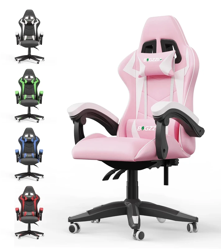 bigzzia Ergonomic Gaming Chair - Gamer Chairs with Lumbar Cushion + Headrest, Height-Adjustable Office & Computer Chair for Adults (without footrest, Pink)