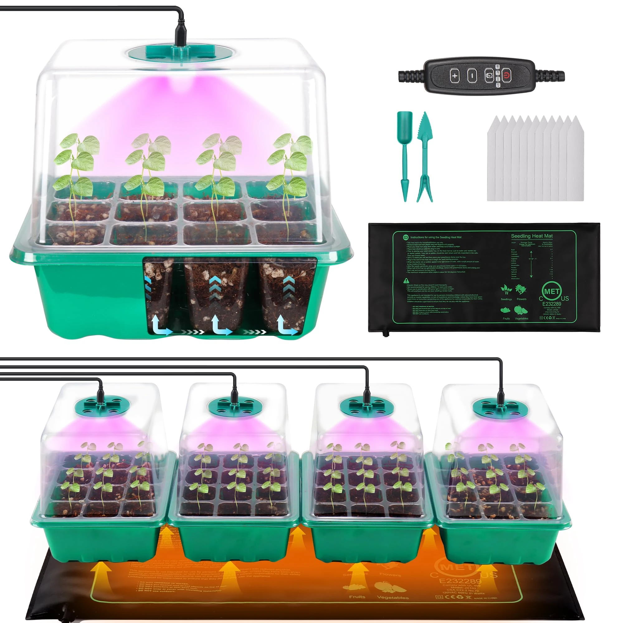 Erogeen 4-Pack Seed Starter Tray with Grow Light and Heat Mat, 48 Cells Seed Starter Kit with Adjustable Humidity Dome and Base, Germination Kit for Seed Growing Plant Propagation (4 Pack-green)