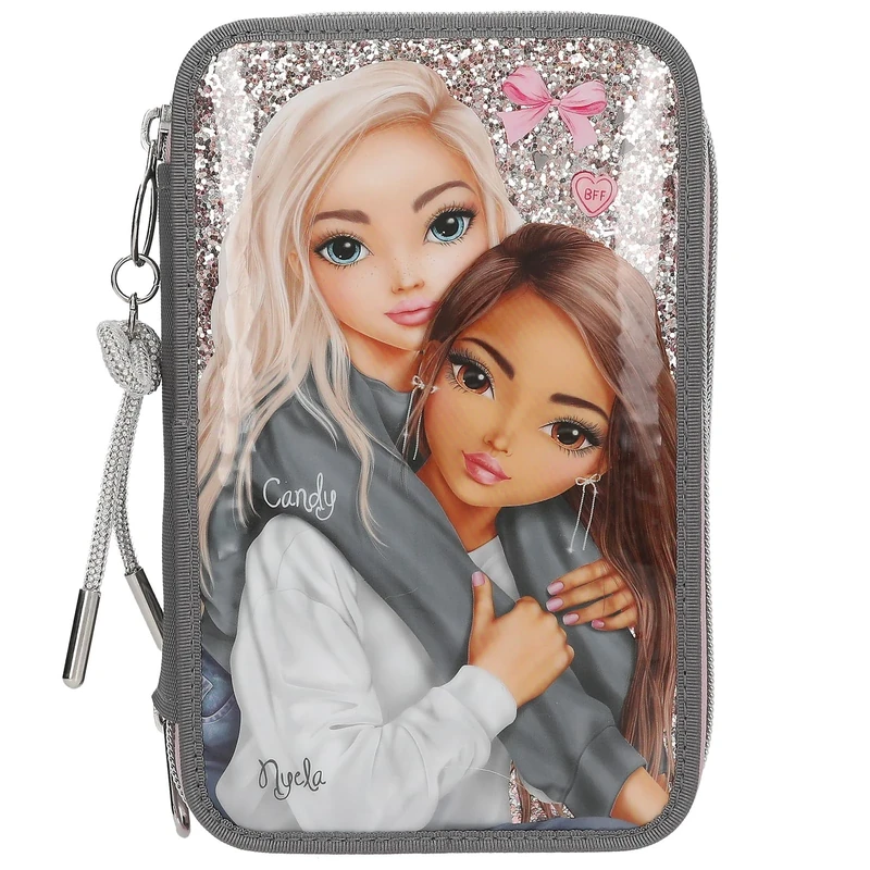 Depesche 13315 TOPModel My BFF Filled 3-Compartment Pencil Case in Grey and Pink, with Model Motif and Glitter, Pencil Case with Colouring Pencils, Scissors, Ruler and much more