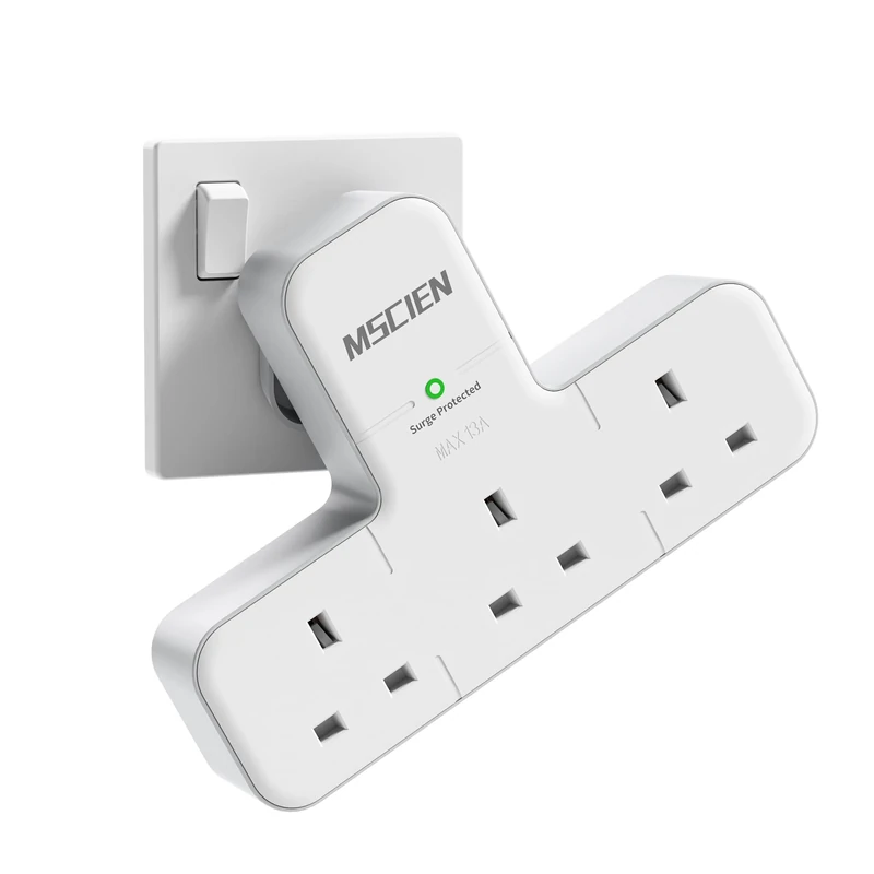 Multi Plug Adapter, Mscien 3 Way UK Plug Extension Socket with 315 Degree Rotation, Wall Power Strip Surge Protector Extender without Cable Plug Adaptor For Home, Office, Dorm