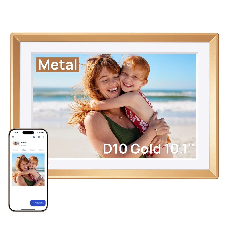 ARZOPA 10.1" Metal Digital Photo Frame Free Cloud Storage WiFi Digital Picture Frame HD Touchscreen No Subscription APP Sharing Unlimited Photos/Videos Best Custom Frame for Gifting Family - D10 Gold