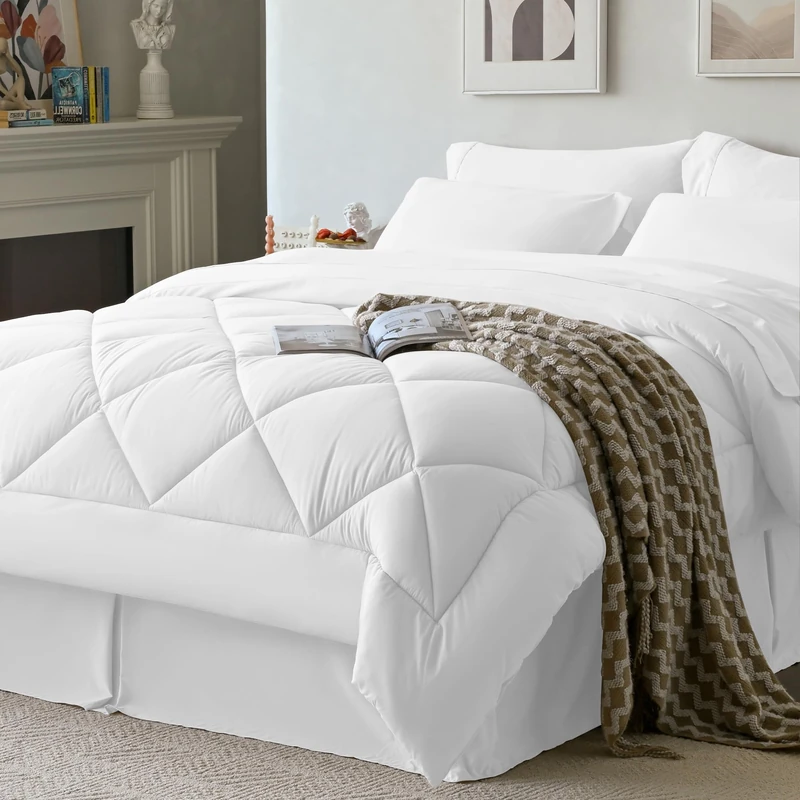 Newspin California King Comforter Set White - Bed in a Bag California King Size 8 Pieces, All Season Bed Set, Fluffy Comforter Set with Sheets, Sheet Set Quilt Blanket, Pillowcases & Shams & Bed Skirt