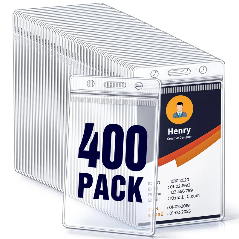 400 Pack ID Badge Holder - Vertical Badge Holder, 2.25" x 3.5" Clear Cards Holders for Lanyard, Plastic Sealable Waterproof, Name Tag Holder for Nurses, Office and School