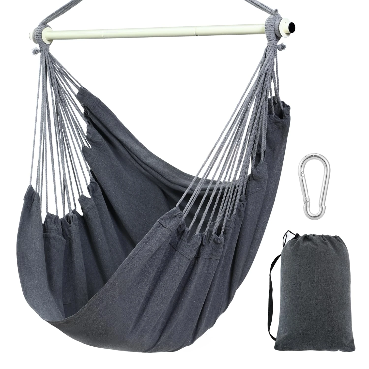 Hanging Chair Cotton Hammock Chair, Ohuhu XL Portable Swing Chair Support Bar Side Pocket for Indoor Outdoor Patio, Max Weight 150kg, Dark Grey,No pillows snd accessories