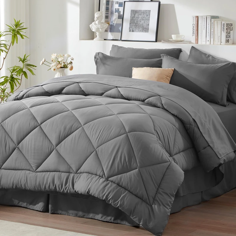 Newspin California King Comforter Set Grey - Bed in a Bag California King Size 8 Pieces, All Season Bed Set, Fluffy Comforter Set with Sheets, Sheet Set Quilt Blanket, Pillowcases & Shams & Bed Skirt