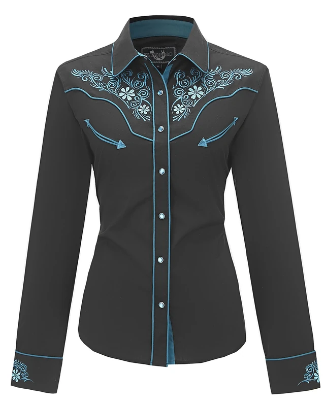 Women's Embroidered Western Cowboy Shirt Vintage Style Long Sleeve Button Down Shirt Premium Quality Snap Front Design S-3XL, Black-Green, XL - Image 1