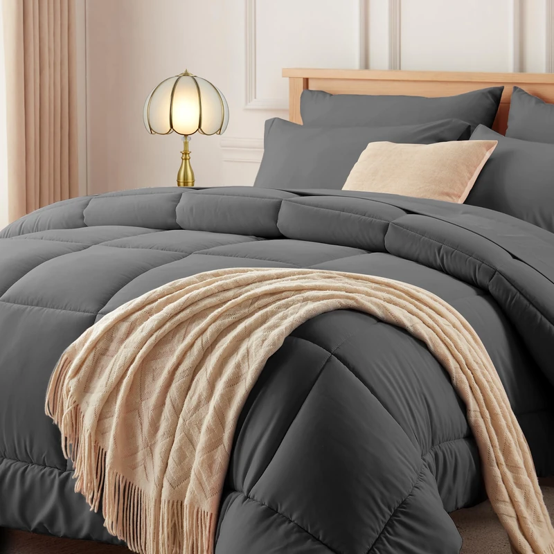 Newspin California King Comforter Set Grey - Bed in a Bag California King Size 7 Pieces, All Season Bed Set, Fluffy Comforter Set with Sheets, Sheet Set Quilt Blanket, Pillowcases & Shams