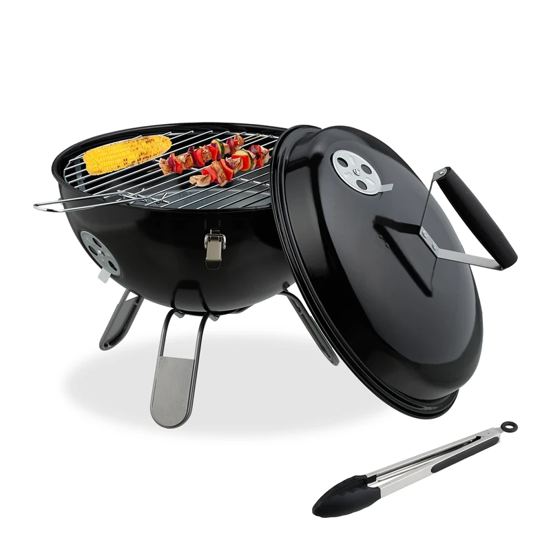 Relaxdays Portable Kettle Barbecue, Ø 37 cm, Round Charcoal Grill, for Garden & Picnics, BBQ with Lid & Tongs, Black