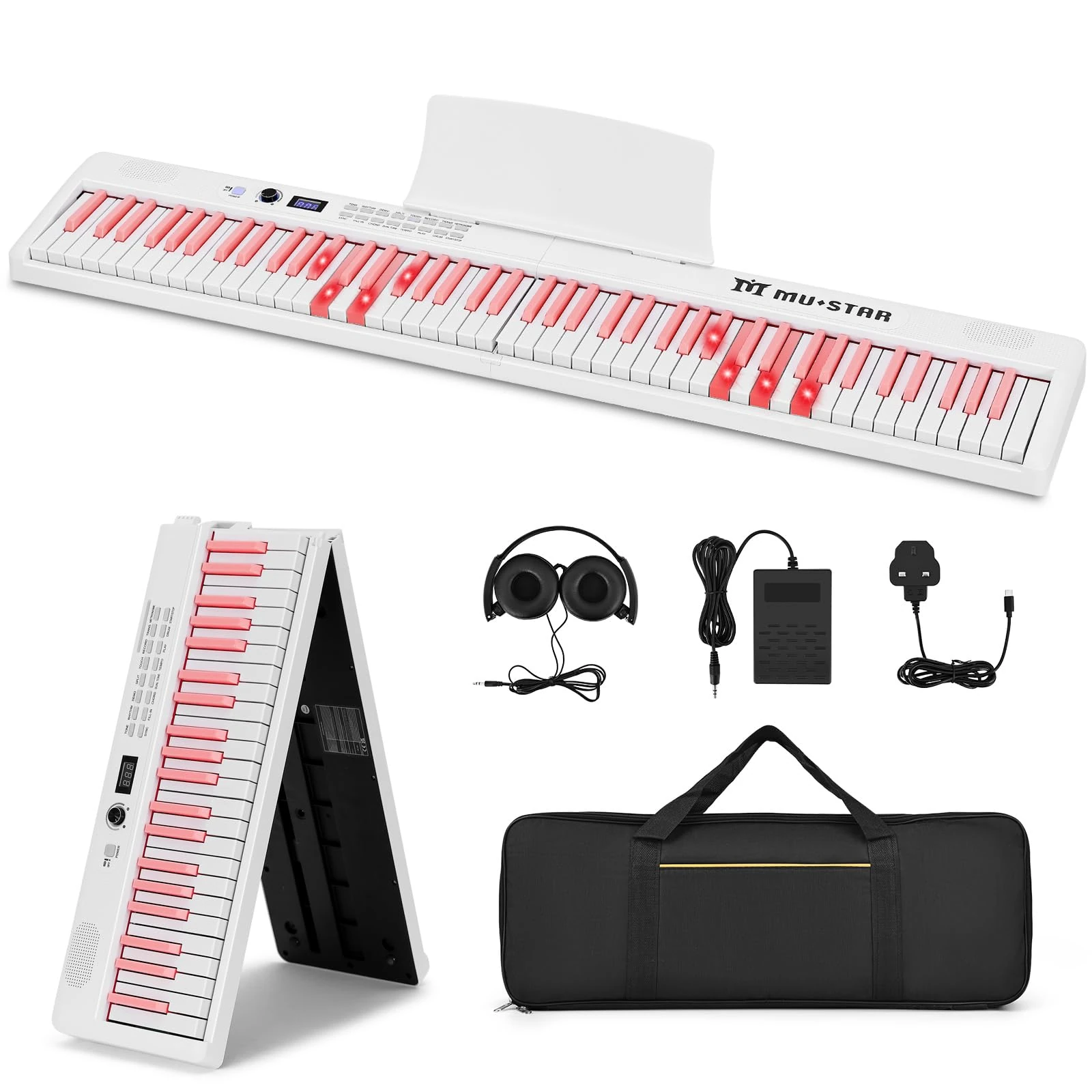 MUSTAR 88 Key Piano Keyboard with Lighted Up Keys, Foldable Electric Piano Keyboard Semi-Weighted, Portable Digital Piano for Beginners, Bluetooth, USB MIDI, Headphones, Case, Sustain Pedal (Pink)