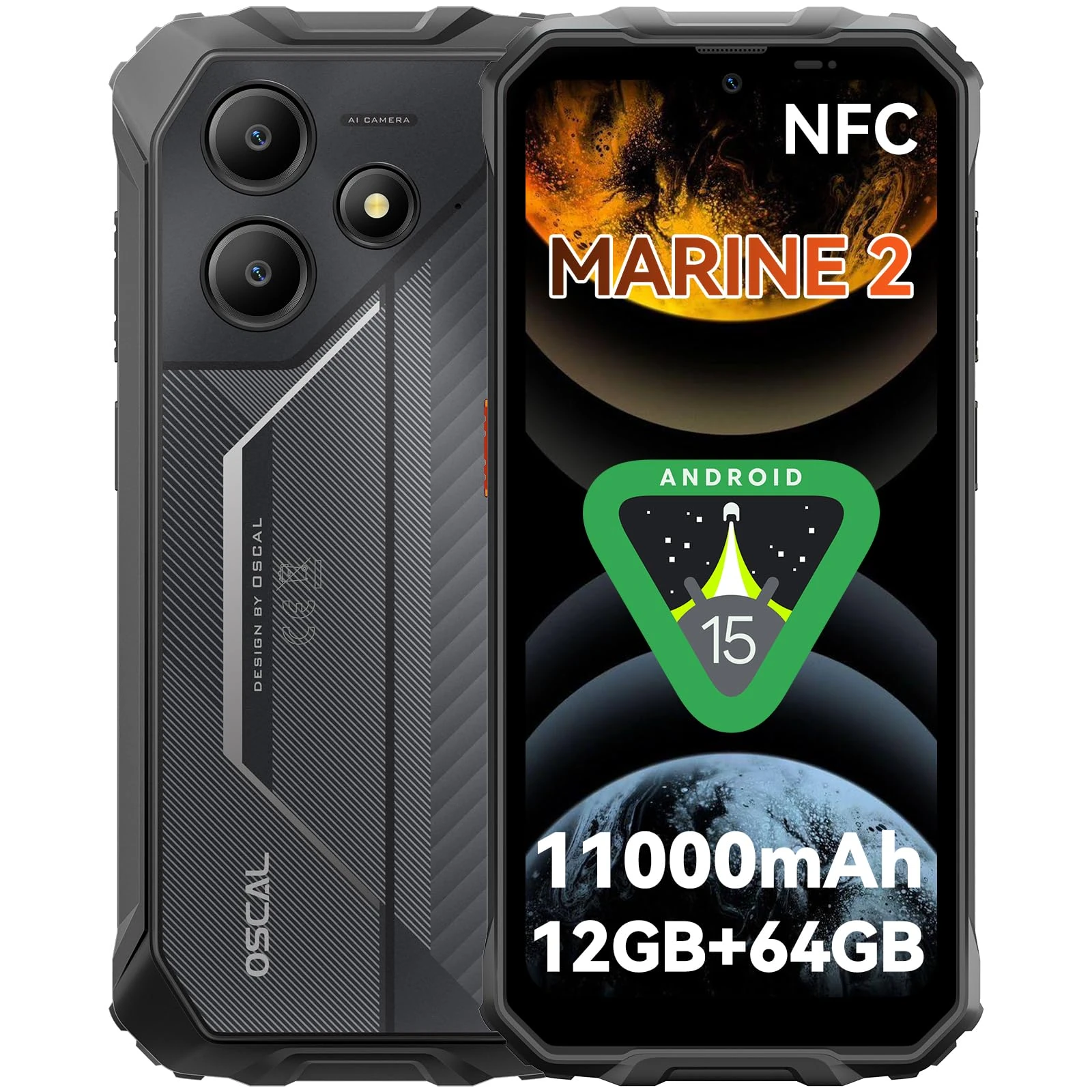 OSCAL Marine 2 Rugged Smartphone (2025),11000mAh(18W) Rugged Phone Unlocked, Android 15 Gaming Phone,Gemini AI,IP69K Protection, NFC,6.56" HD,90HZ,12(4+8)+64GB/2TB Expand,Dual SIM/1TF Slots,Black