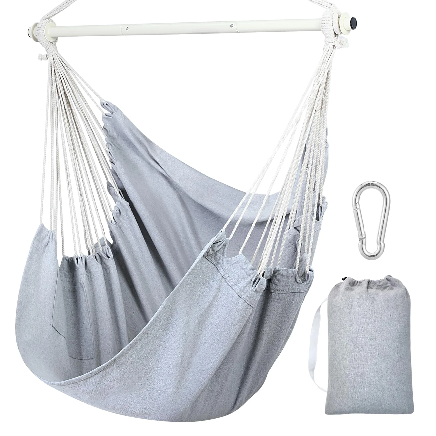 Hanging Chair Cotton Hammock Chair, Ohuhu XL Portable Swing Chair Support Bar Side Pocket for Indoor Outdoor Patio, Max Weight 150kg, Light Grey,No pillows and accessories