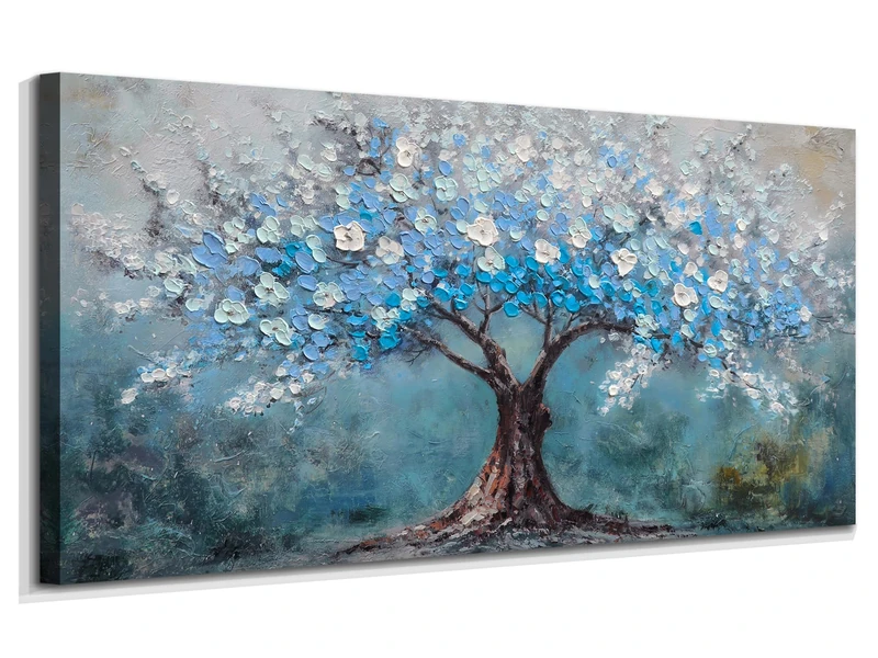 Acocifi Blue Flowers Tree Canvas Wall Art Handmade Textured Painting 40"x20", Nature Tree of Life Landscape PIcture, Artwork Large Framed for Living Room Bedroom Home Office Wall Decor