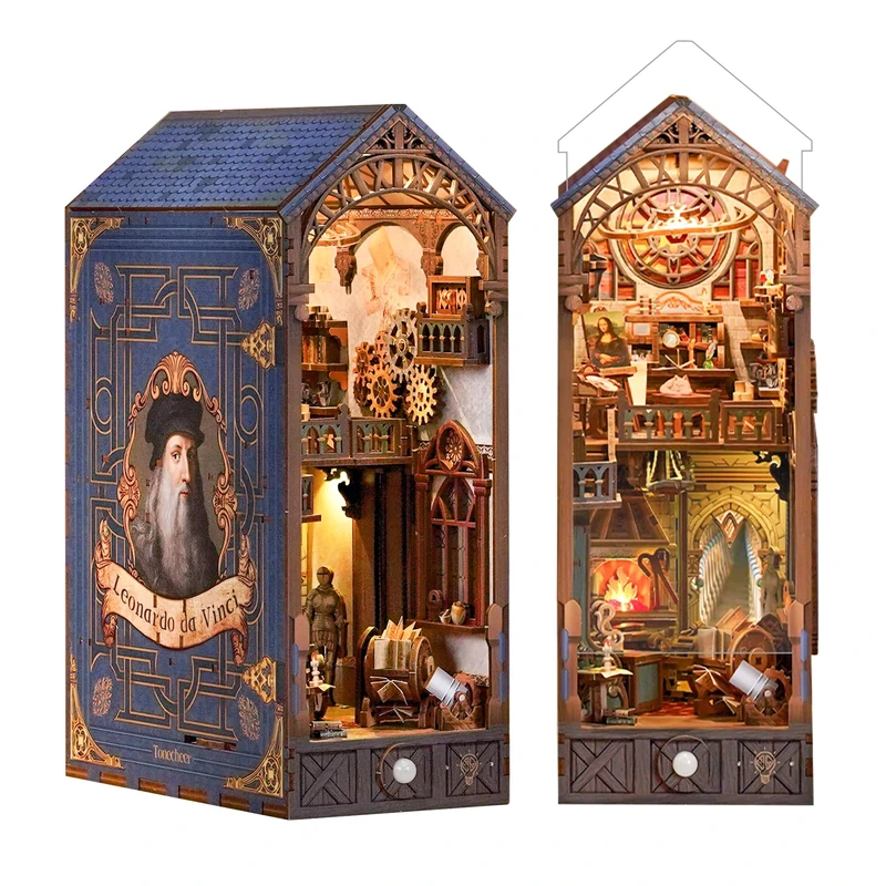 Tonecheer Book Nook Kit with Dust Cover and LED Light, Leonardo da Vinci Booknook DIY Miniature House 3D Wooden Puzzle, Movable and Rotating Parts, Creative Bookshelf Decor, Unique Gift for Adults - Image 1