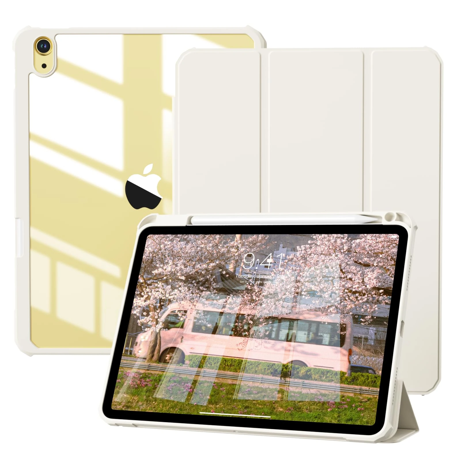 GKABXY Case for iPad (A16) 11th / 10th Generation 2025/2022 10.9 Inch with Pencil Holder, Slim Lightweight Trifold iPad 11 inch Cover with Rugged PC Translucent Back Shell, White