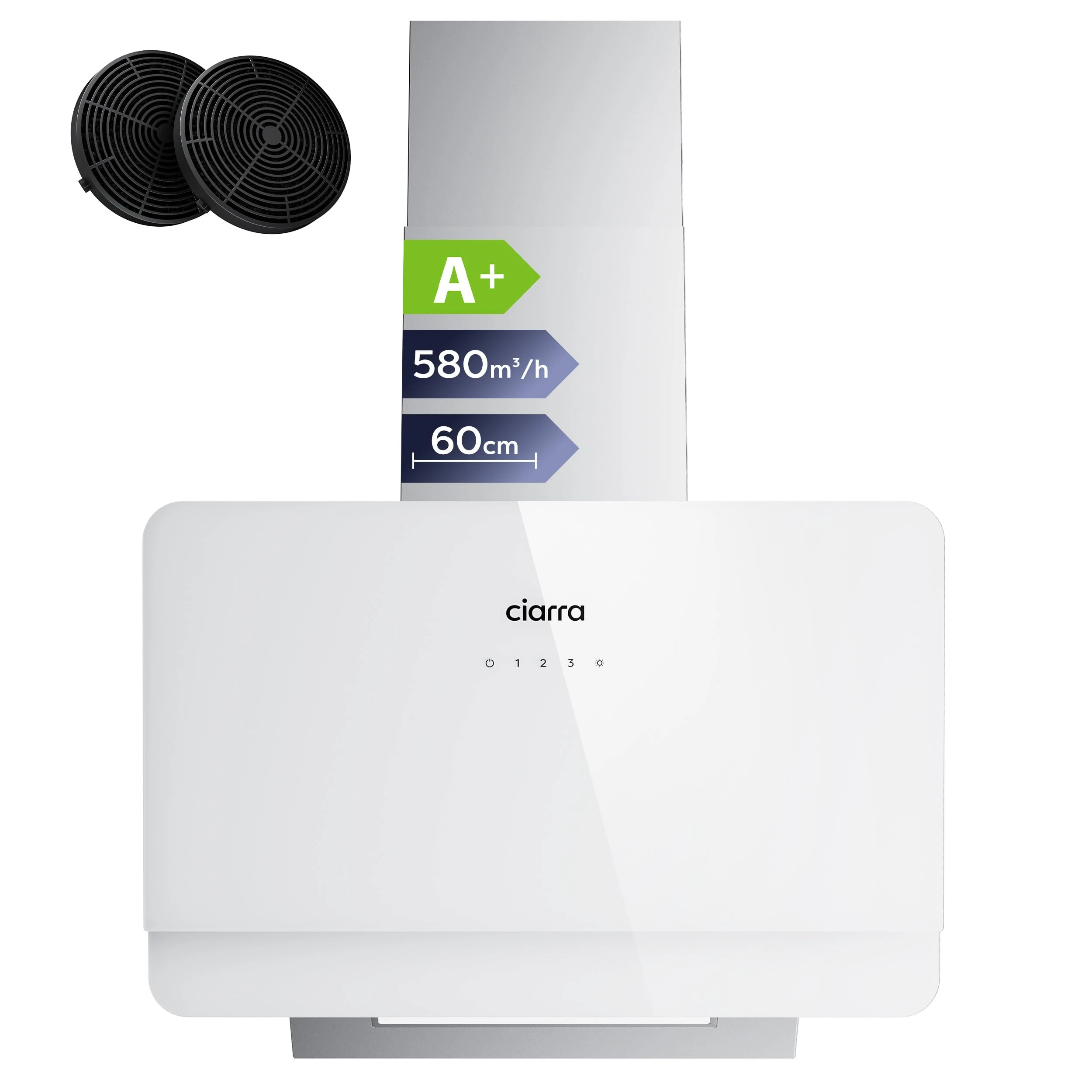 CIARRA CBCS6765C Angled Cooker Hood 60cm 580 m³/h with CBCF055 Carbon Filter Recirculating & Ducting LED Lights Stainless Steel&White Glass Wall Mounted Touch Control Extractor Fan Kitchen