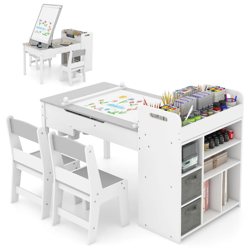 GYMAX Kids Art Table and Chairs Set, Wooden Children Desk with Flip-up Tabletop, Paper Roll, Paint Cups, Bins & Shelves, Toddler Activity Table Set for Drawing Writing, 120x60x60cm (Gray+White)