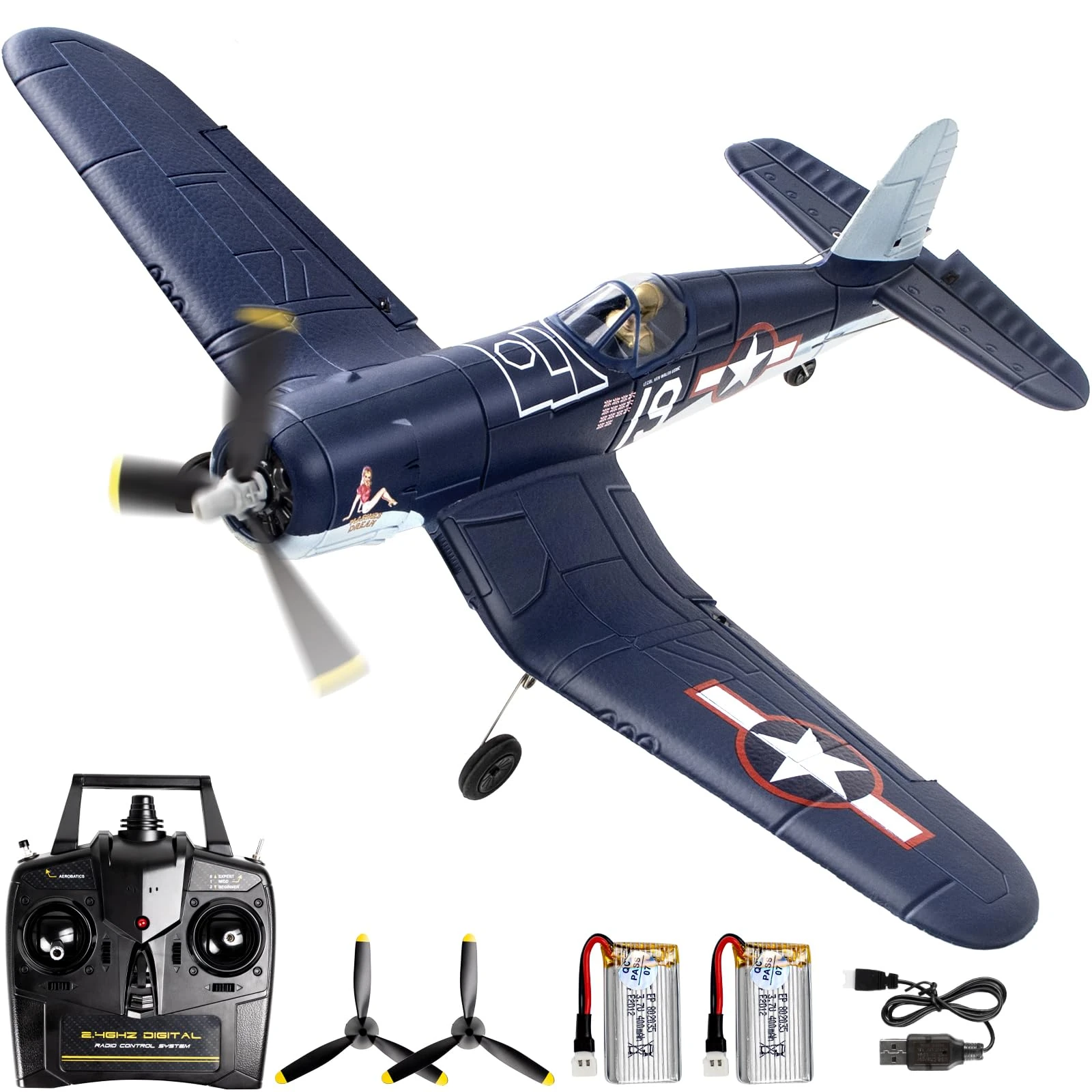 Leamn Brushless 4CH RC Plane F4U 500mm Remote Control Airplane,6-axis Gyro RC Airplane,3 Modes & Aerobatics,RTF Fighter with 2 Batteries,2.4GHz Radio Controlled for Adults&Beginners