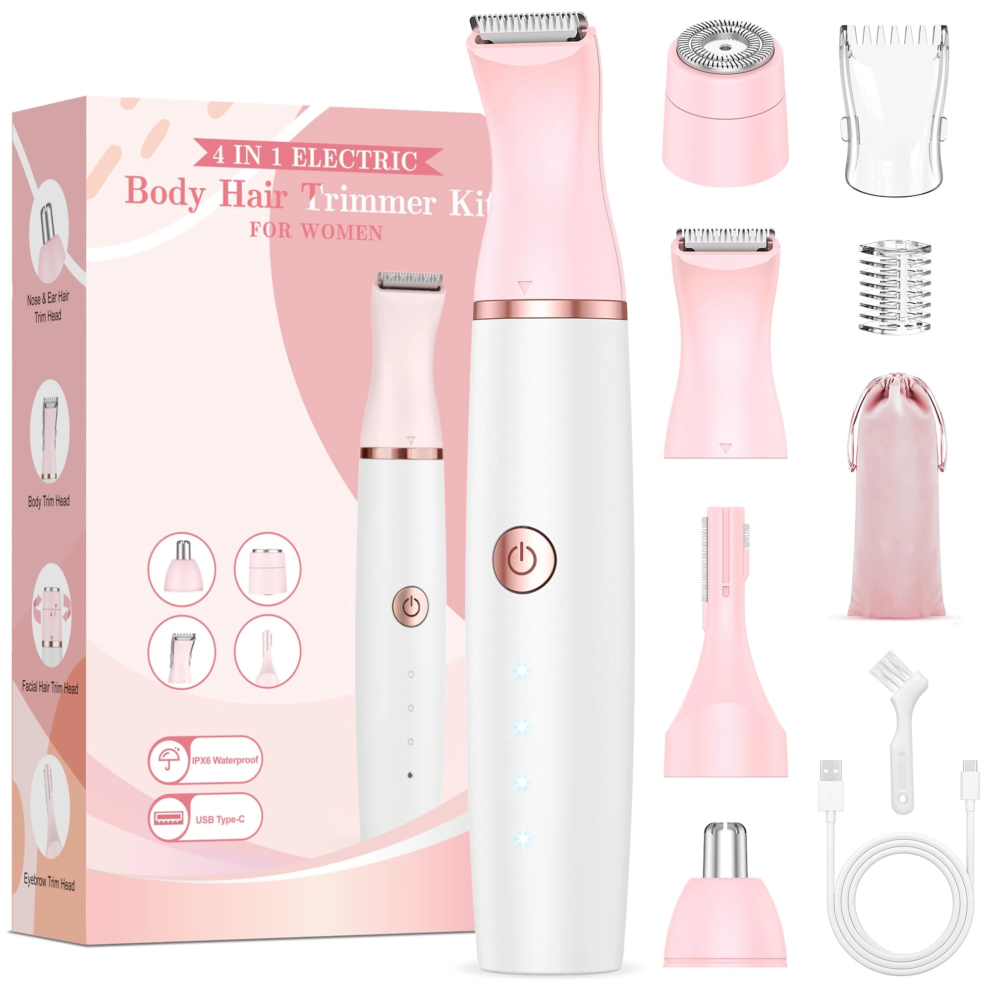Lady Shavers for Women,Bikini Trimmer Women: 4-in-1 Electric Shaver- Bikini/Pubic/Underarm Razor + Nose/Facial/Eyebrow Remover | Rechargeable Wet/Dry, Painless for Legs, Face & Sensitive Skin