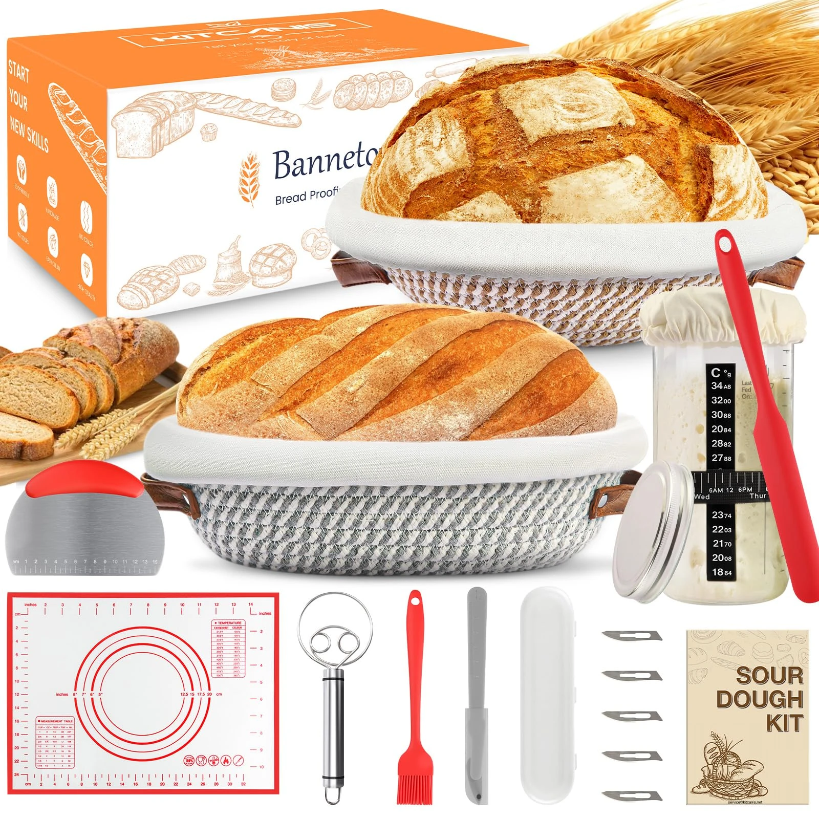 Sourdough Bread Baking Supplies, Complete Sourdough Starter Kit, 10" Round & 11" Oval Bread Proofing Basket with 1000ml Sourdough Starter Jar, Bread Making Tools Gifts for Bakers Women Mom