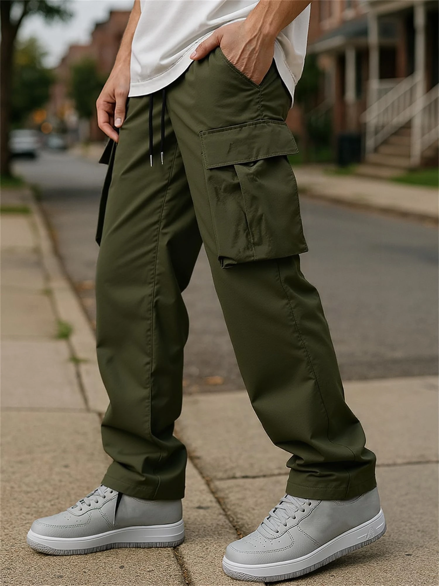 Men's Hiking Joggers with Utility Pockets & Adjustable Drawstring, Army Green, Large