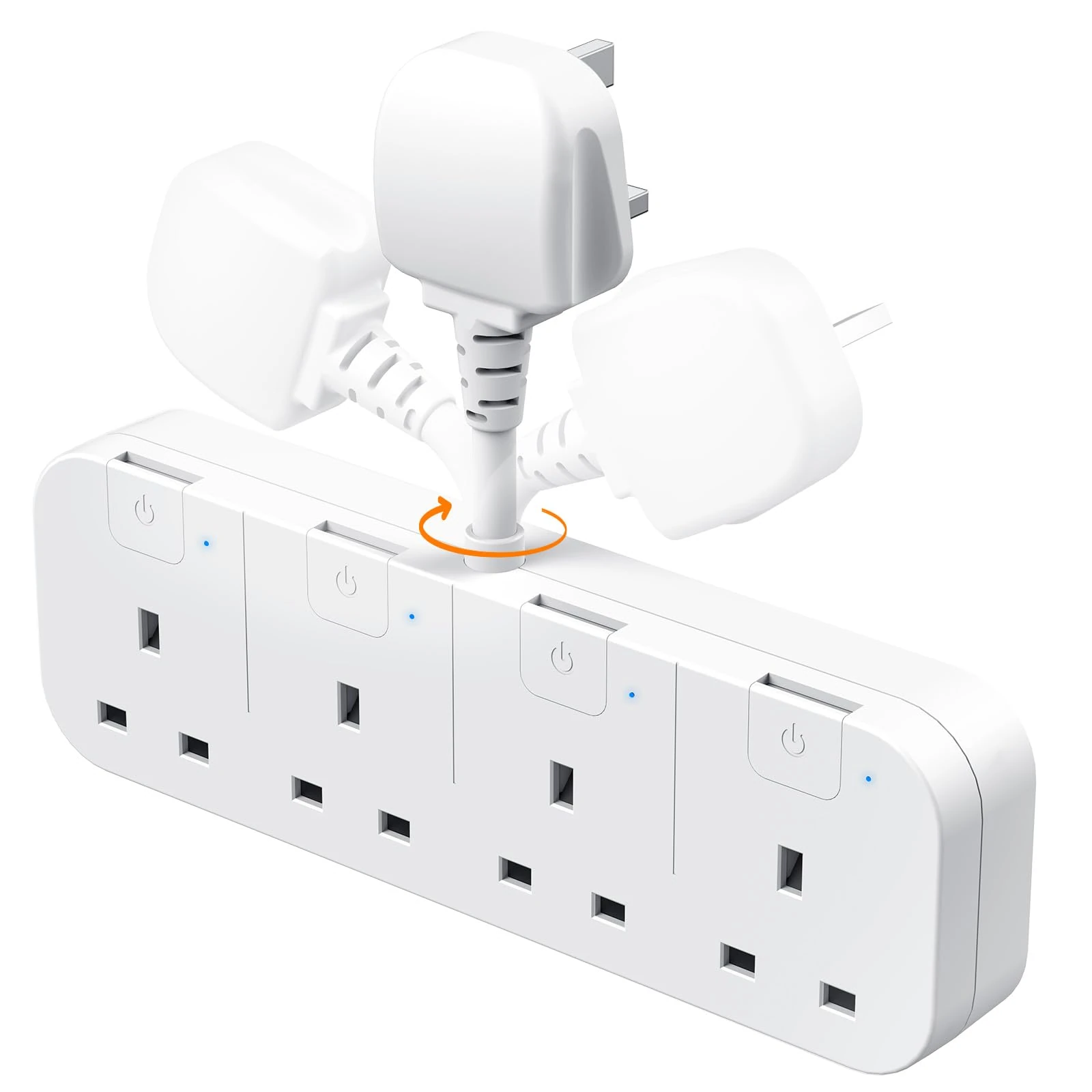 Multi Plug Extension Socket 4 Way with Flexible Plug, 4 Gang Plug Adapter UK with Individual Switches, Short Small Extension Adaptor for Home, Kitchen. White