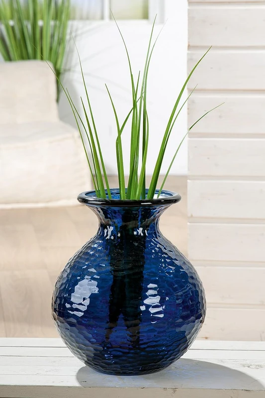 GILDE Pietro Glass Vase, Dark Blue, Textured, Bulbous Shape, Height 33 cm, Diameter 29 cm, Decoration Home Accessory Gift Flowers Decoration