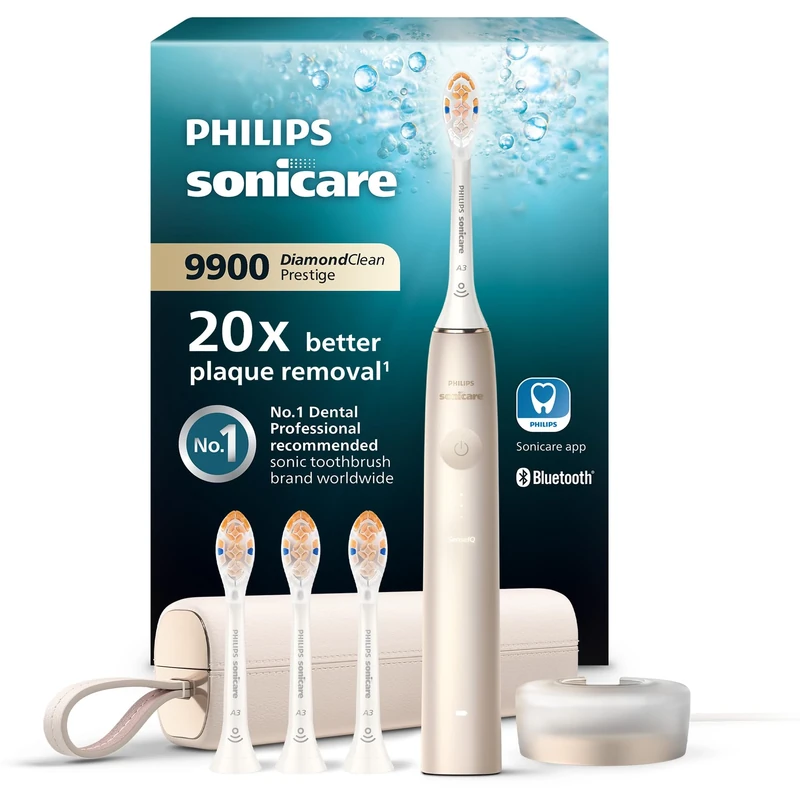 Philips Sonicare DiamondClean 9900 Prestige Electric Toothbrush with SenseIQ Technology and App, 5 Cleaning Modes, 3 Intensity Levels, Travel Charging Case, Black, Model HX9992/43