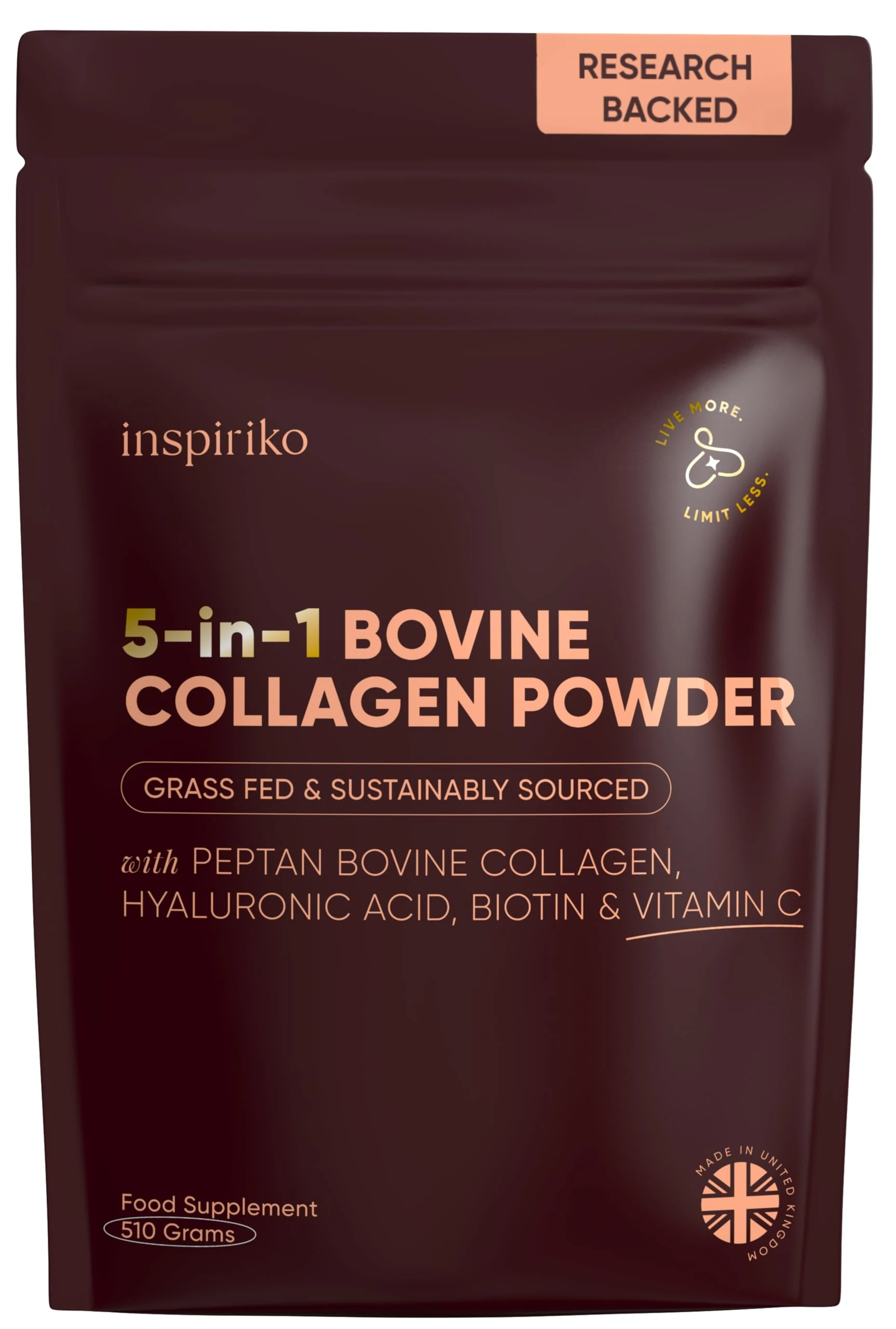 Pack of 2 Inspiriko Bovine Collagen Powder for Women. Hydrolyzed Collagen Supplements for Women with Hyaluronic Acid, Biotin, Vitamin C for Skin, Hair, Nails, Joints, Bones. Halal, Grass-Fed. 510g