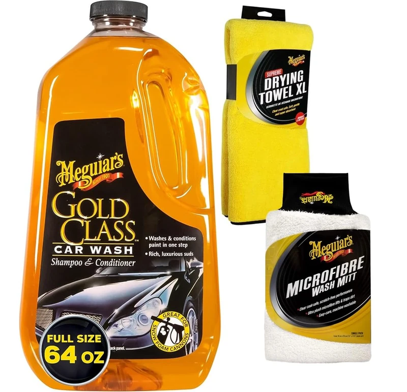 Meguiar's Gold Class Car Wash Shampoo & Conditioner, 1.89L, Biodegradable Formula - Includes Super Thick Microfibre Wash Mitt & Supreme Microfibre Car Cleaning Drying Towel XL