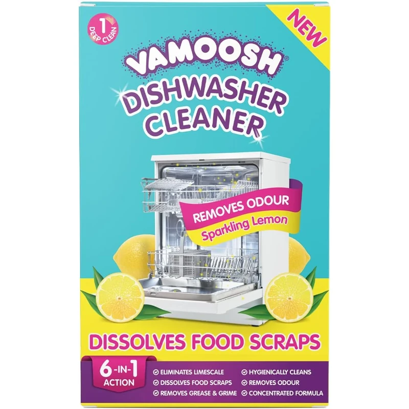 Vamoosh Dishwasher Cleaner and Descaler (1 Clean) – New Formula Dissolves Food Scraps, Dirt and Grime - Removes Limescale and Bad Odours - Fresh Lemon Scent - Dishwasher Cleaner Deep Cleaning Power