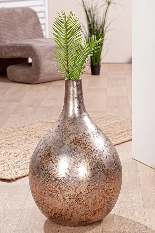 GILDE Vase Peso Glass Grey Antique Finish Matt Flower Motif Height 56 cm Decoration Home Accessory Gift Idea Interior Decoration
