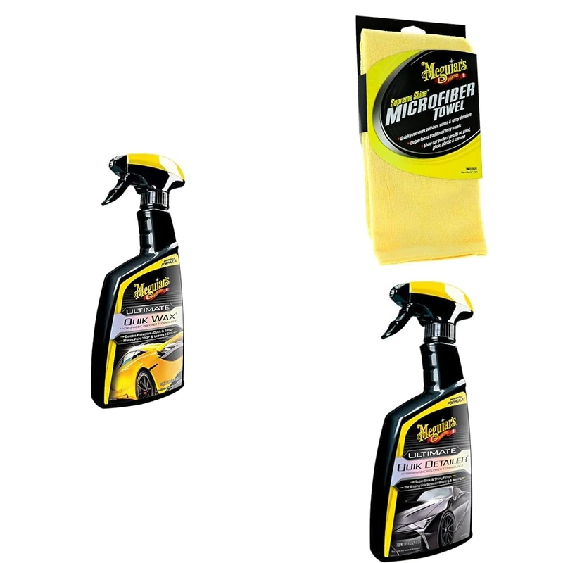 Meguiar's G200916EU Ultimate Quik Spray Wax 473ml, for a high gloss finish - Includes Supreme Shine Microfibre Car Cleaning Towel 1 pack & Ultimate Quik Detailer