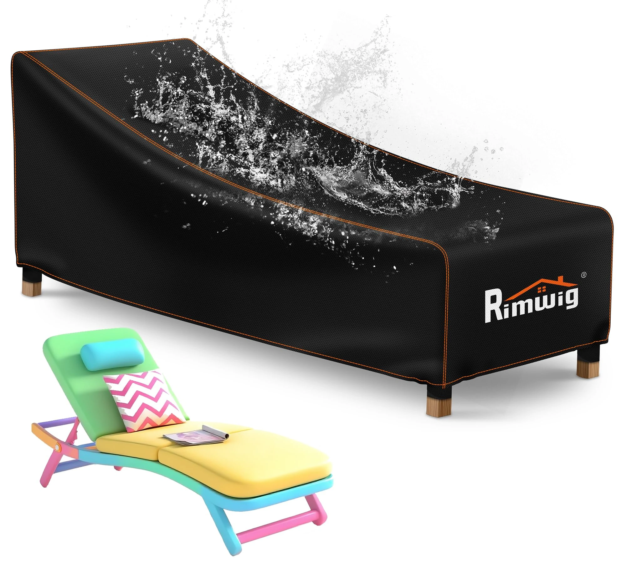 Rimwig Outdoor Sun Lounger Covers Waterproof, 420D Heavy Duty Patio Rattan Lounger Chair Cover Outside Garden Sunbed Cover Windproof Anti-UV 200x75x40/70cm Black