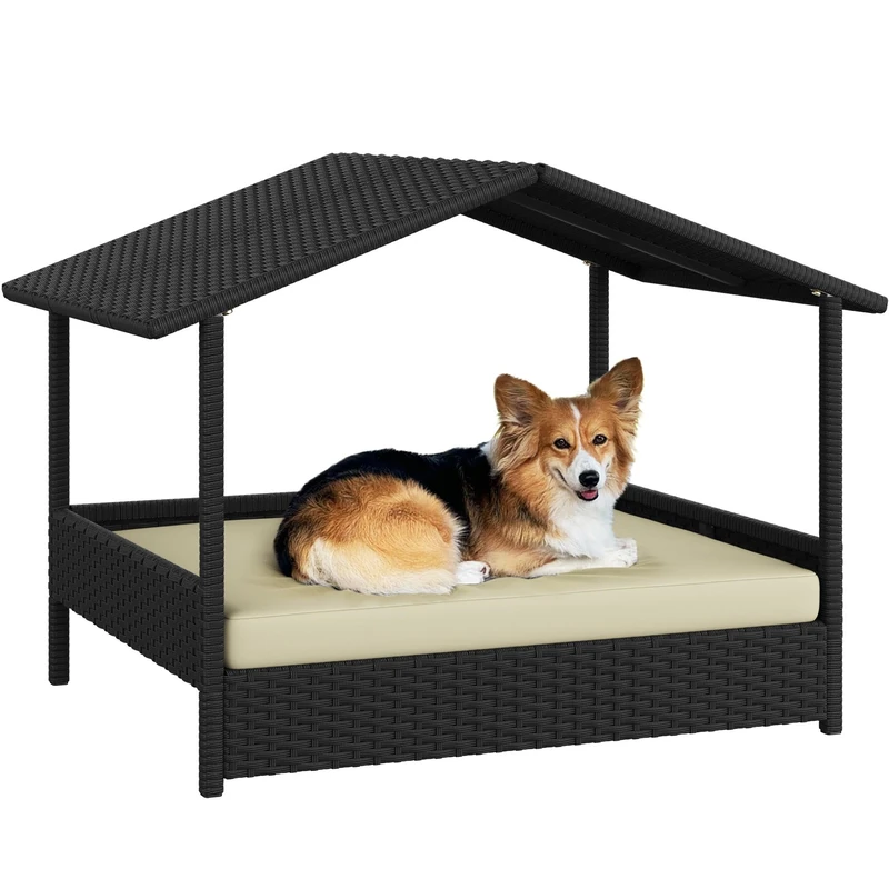 Yaheetech Wicker Dog Bed with Canopy, Raised Rattan Dog House Indoor Outdoor with Removable Cushion for Small and Medium Dogs, Pet Shelter for Living Room, Yard, Garden, Pool