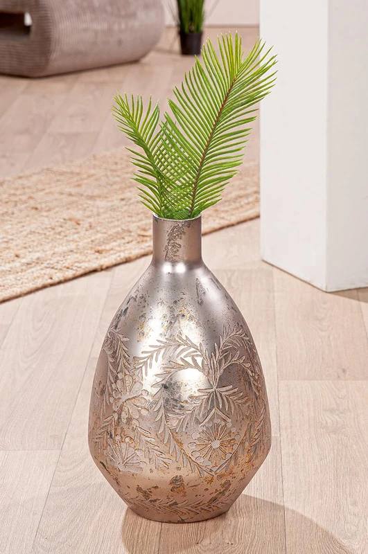 GILDE Vase Peso Glass Grey Antique Finish Matt Flower Motif Height 43 cm Decoration Home Accessory Gift Home Decor - Image 1