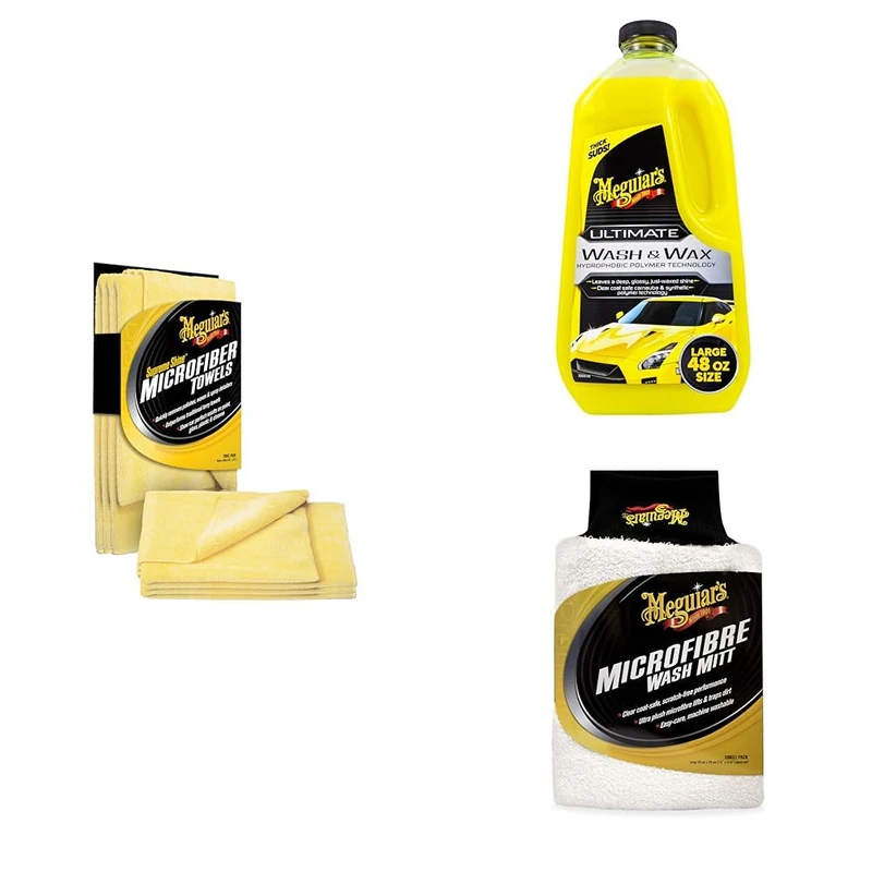 Meguiar's X2020EU Supreme Shine Microfibre Car Cleaning Towels (3 Pack), Yellow - Includes Ultimate Car Wash & Wax & Super Thick Microfibre Wash Mitt