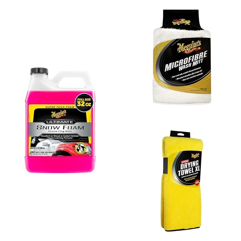 Meguiar's G191532EU Ultimate Car Snow Foam Xtreme Cling 946 ml Wax Safe - Includes Super Thick Microfibre Wash Mitt & Supreme Microfibre Car Cleaning Drying Towel XL