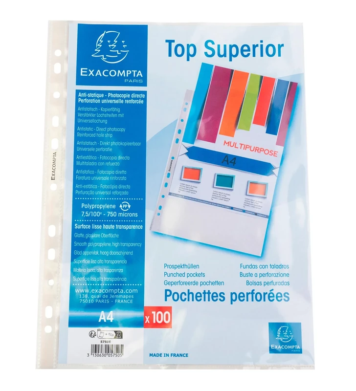 Exacompta - Ref 5750E - Box of 1000 Punched Pockets in Smooth Polypropylene - Thickness 7.5/100 - Universal 11 Hole Punched - A4 Size - Colourless