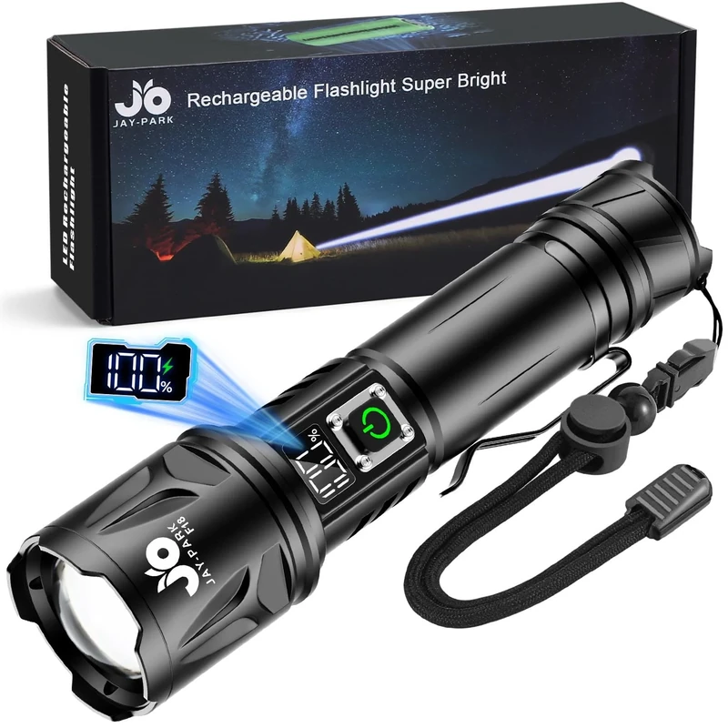JAY-PARK Torches LED Super Bright - 500,000 Lumens, Rechargeable Zoomable Torch with LCD Battery Display, 5 Modes & IPX7 Waterproof - Survival Gear for Camping, Security, Emergencies