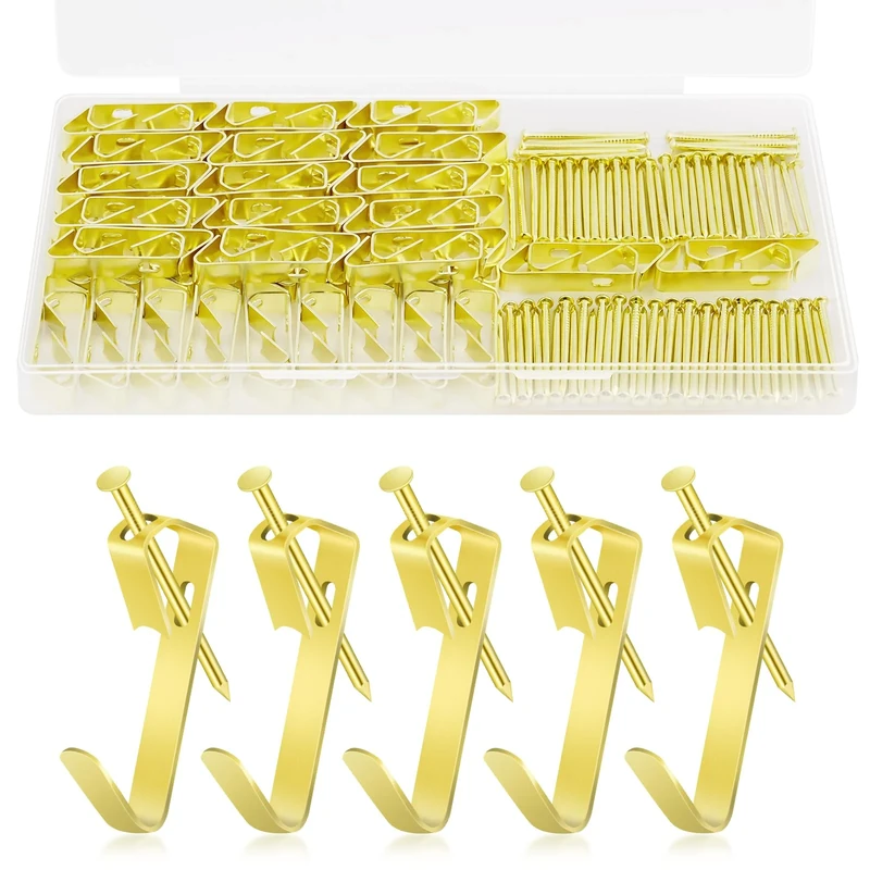 vsshe Picture Hooks, Heavy Duty Pictures Hooks, 160 PCS Picture Frame Hook with Nails, Hold 30 Pounds (30LB), for Mirrors, Frames, Decor, Paintings, Pictures Frame Hook Kit Gold