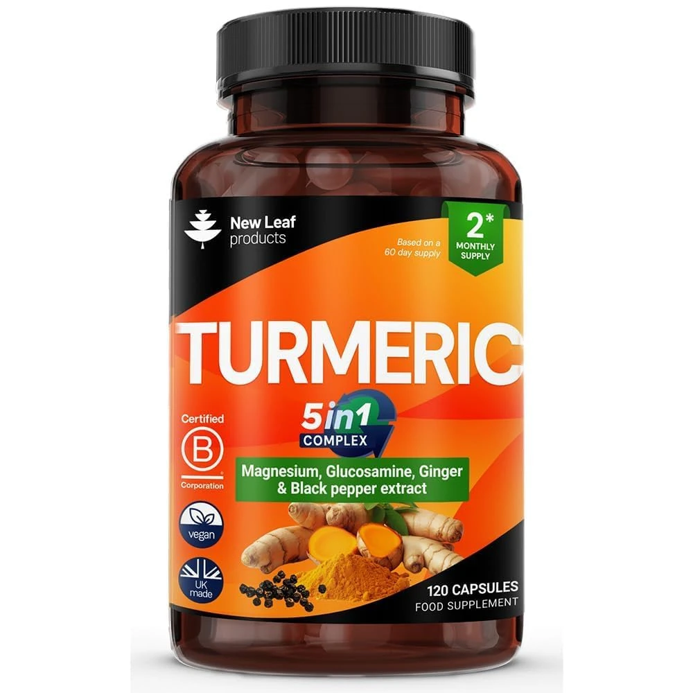 Turmeric 5-in-1 Complex - 5000mg Turmeric Capsules High Strength Enriched with Magnesium & Glucosamine Sulphate - Added Ginger Capsules + Black Pepper, 95% Curcumin Supplement - Vegan Supplement