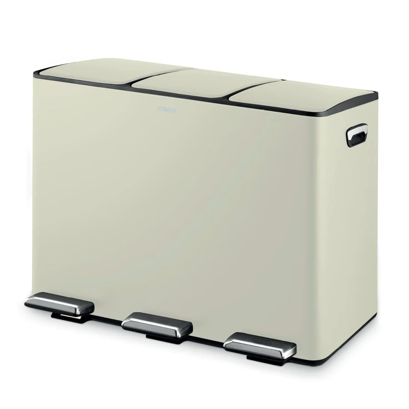 Tower Recycling Pedal Bin, Three 15L Compartments with Removable Inner Buckets, Carbon Steel Body, 45L, Cream