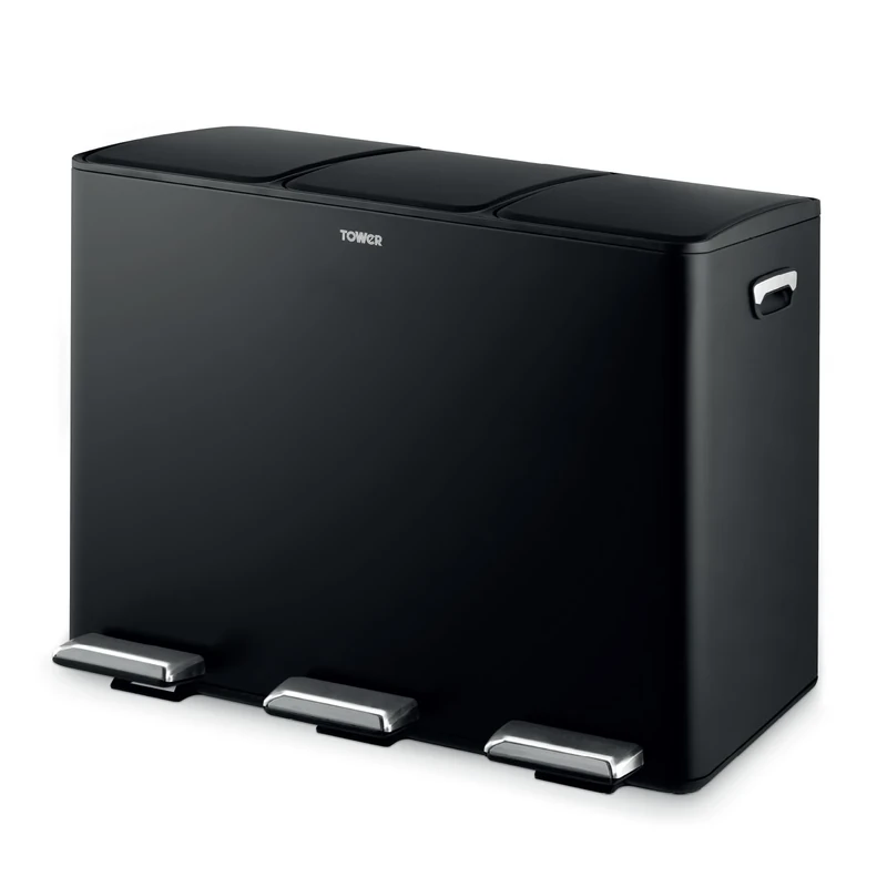 Tower Recycling Pedal Pin, Three 15L Compartments with Removable Buckets, Carbon Steel Body, 45L, Black