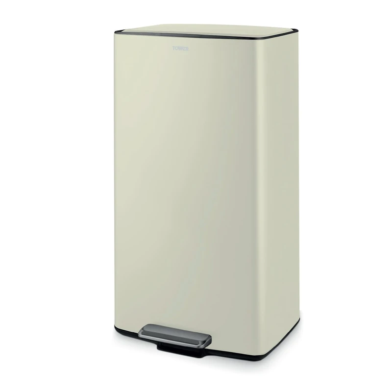 Tower 40L Rectangular Pedal Bin with Removable Inner Bucket and Filter Compartment, Durable Carbon Steel, Cream