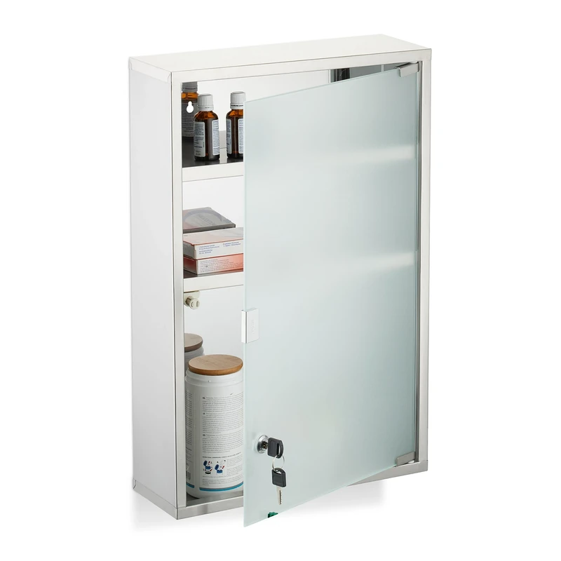 Relaxdays Medicine Cabinet, 3 Shelves, First Aid Storage, Stainless Steel, Frosted Glass, 58x38x13 cm, Lockable, Silver