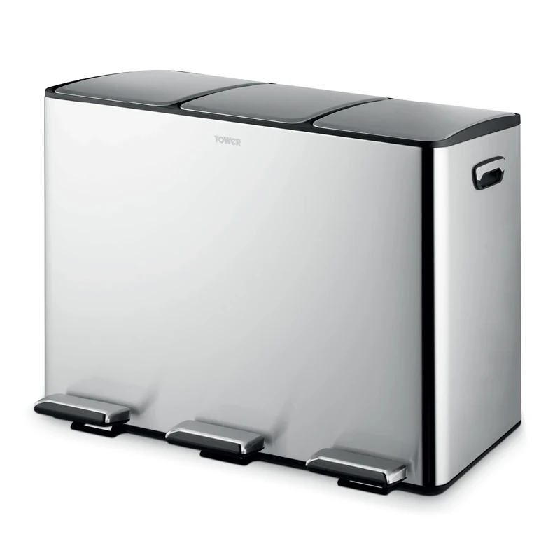 Tower Recycling Pedal Bin, Three 15L Compartments with Removable Inner Buckets, Carbon Steel Body, 45L, Stainless Steel, Cream