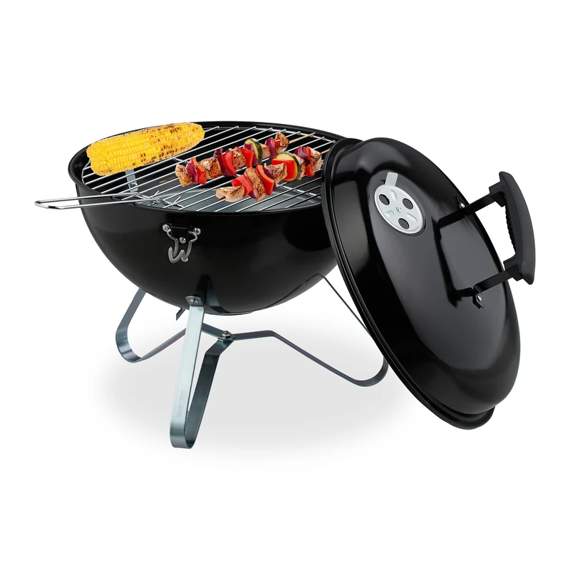 Relaxdays Portable Kettle Barbecue, Ø 37 cm, Round Charcoal Grill, for Picnics, Garden & Park, BBQ with Lid, Black, Steel, Nylon